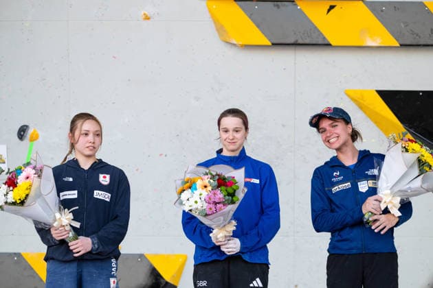 May 29, 2026, Madrid, Madrid, Spain: From left: Silver medalist MELODY SEKIKAWA of Japan, gold medalist ERIN MCNEICE of Great Britain, and bronze medalist ORIANE BERTONE of France celebrate on the podium during the women s Boulder finals at the World Climbing Series Comunidad de Madrid 2026 held in Alcobendas. Madrid Spain - ZUMAd308 20260529_zsp_d308_111 Copyright: xJuanxCarlosxLucasx