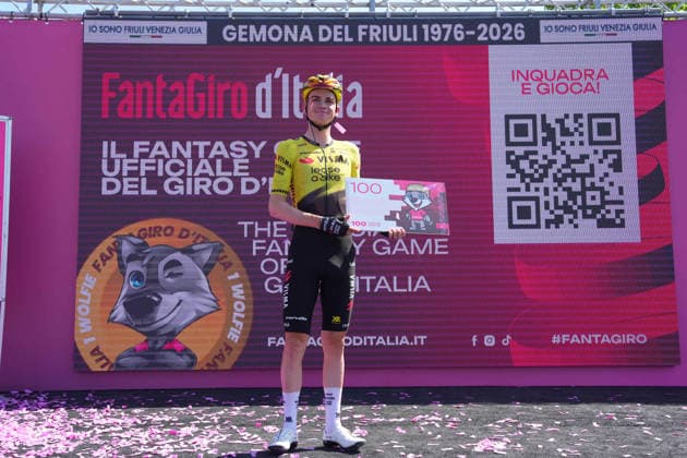 United States™ Sepp Kuss of Team Visma Lease A Bike Fantagiro prize during Stage 20 of the Giro d™Italia, from Gemona del Friuli to Piancavallo, Italy, Saturday, May 30, 2026.  Copyright: xSimonexSpada LaPressex