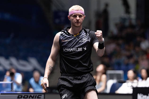 Romain Ruiz FRA, TTC Schwalbe Bergneustadt celebrates, in action during the semifinal matches Borussia Düsseldorf TTC Schwalbe of the Liebherr TTBL Final4 at the Süwag Energie ARENA on May 30, 2026, in Frankfurt, Germany Copyright: JoaquimxFerreira