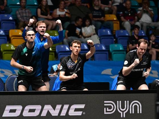 The bench of TTC Schwalbe Bergneustadt in the semi-finals of the TTBL Final Four in Frankfurt The bench of TTC Schwalbe Bergneustadt cheers in the semi-finals of the TTBL Final Four in Frankfurt am Main at the Süwag Energie Arena on May 30, 2026 Frankfurt am Main Hessen Germany