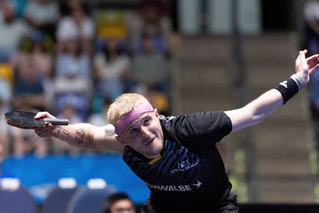 Romain Ruiz FRA, TTC Schwalbe Bergneustadt serve during the semifinal matches Borussia Düsseldorf TTC Schwalbe of the Liebherr TTBL Final4 at the Süwag Energie ARENA on May 30, 2026, in Frankfurt, Germany Copyright: JoaquimxFerreira