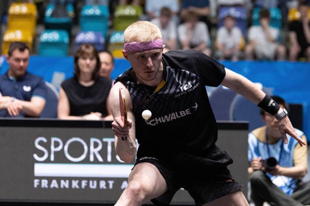 Romain Ruiz FRA, TTC Schwalbe Bergneustadt plays a backhand shot during the semifinal matches Borussia Düsseldorf TTC Schwalbe of the Liebherr TTBL Final4 at the Süwag Energie ARENA on May 30, 2026, in Frankfurt, Germany Copyright: JoaquimxFerreira
