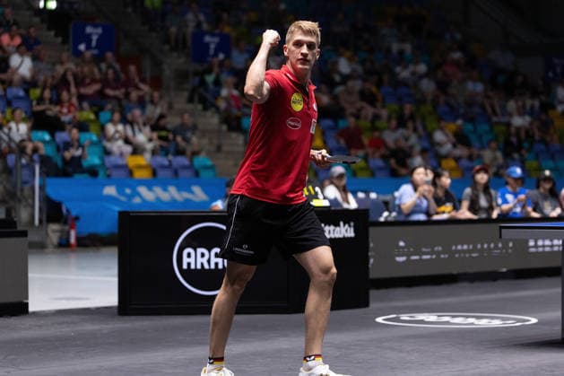 Anton Kaellberg SWE, Borussia Duesseldorf celebrates the victory over Romain Ruiz FRA, TTC Schwalbe Bergneustadt with a triumphant fist pump during the semifinal matches Borussia Düsseldorf TTC Schwalbe of the Liebherr TTBL Final4 at the Süwag Energie ARENA on May 30, 2026, in Frankfurt, Germany Copyright: JoaquimxFerreira