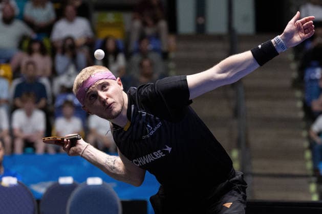Romain Ruiz FRA, TTC Schwalbe Bergneustadt serve during the semifinal matches Borussia Düsseldorf TTC Schwalbe of the Liebherr TTBL Final4 at the Süwag Energie ARENA on May 30, 2026, in Frankfurt, Germany Copyright: JoaquimxFerreira