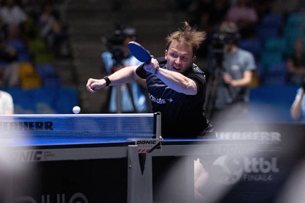 Benedikt Duda GER, TTC Schwalbe Bergneustadt hits a forehand during the semifinal matches Borussia Düsseldorf TTC Schwalbe of the Liebherr TTBL Final4 at the Süwag Energie ARENA on May 30, 2026, in Frankfurt, Germany Copyright: JoaquimxFerreira