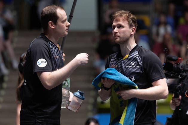 coach Frederik Duda GER, TTC Schwalbe Bergneustadt and Benedikt Duda GER, TTC Schwalbe Bergneustadt in action during the semifinal matches Borussia Düsseldorf TTC Schwalbe of the Liebherr TTBL Final4 at the Süwag Energie ARENA on May 30, 2026, in Frankfurt, Germany Copyright: JoaquimxFerreira
