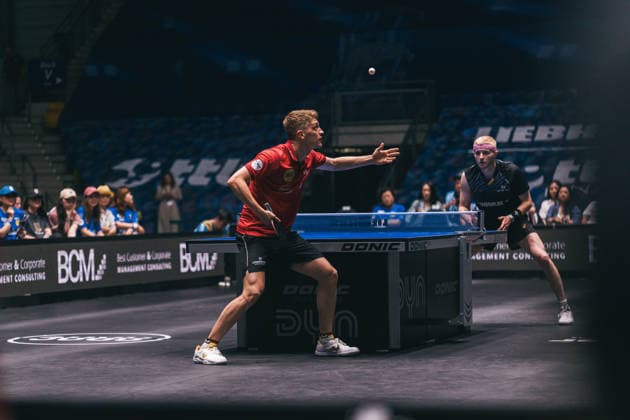 30 05 2026 Table tennis, men, TTBL, Bundesliga, playoff, Final Four, 1 FC Saarbrücken, Borussia Düsseldorf, TTC Schwalbe Bergneustadt, SV Werder Bremen, semi-final Anton Källberg Düsseldorf Frankfurt am Main, Süwag Energi Hessen Germany P1091744-2