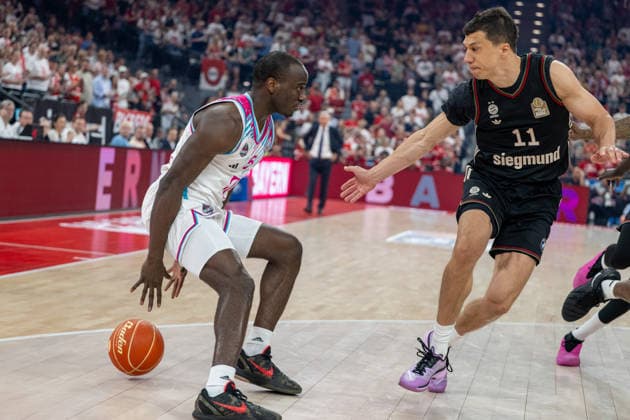 Tylan Birts 5 Telekom Baskets Bonn in a duel with Vladimir Lucic 11 FC Bayern Basketball , FC Bayern Basketball vs Telekom Baskets Bonn, BBL, Semifinal 1, 30 05 2026 Munich Bavaria Germany Copyright: xkolbert-press UlrichxGamelx