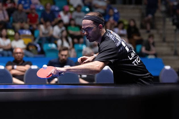 Leo de Nodrest FRA, TTC Schwalbe Bergneustadt in action during the semifinal matches Borussia Düsseldorf TTC Schwalbe of the Liebherr TTBL Final4 at the Süwag Energie ARENA on May 30, 2026, in Frankfurt, Germany Copyright: JoaquimxFerreira
