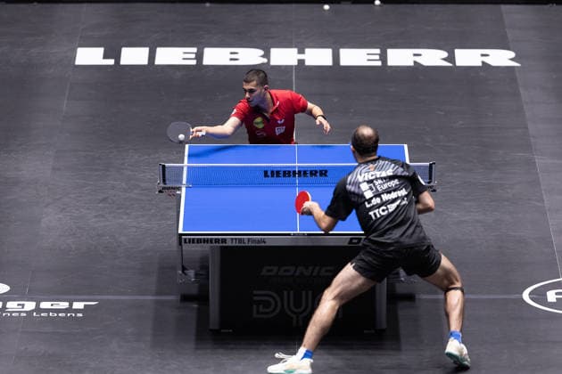 Kanak Jha GER,USA Borussia Duesseldorf , Leo de Nodrest FRA, TTC Schwalbe Bergneustadt in action during the semifinal matches Borussia Düsseldorf TTC Schwalbe of the Liebherr TTBL Final4 at the Süwag Energie ARENA on May 30, 2026, in Frankfurt, Germany Copyright: JoaquimxFerreira