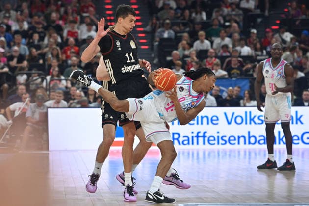 VLADIMIR LUCIC FCB , Action,duel against Jalen FINCH Bonn Basketball BBL,Season 2025 2026 ,1 Play Off Semifinal FC Bayern Muenchen Telekom Baskets Bonn on 30 05 2025, S A P G A R D EN