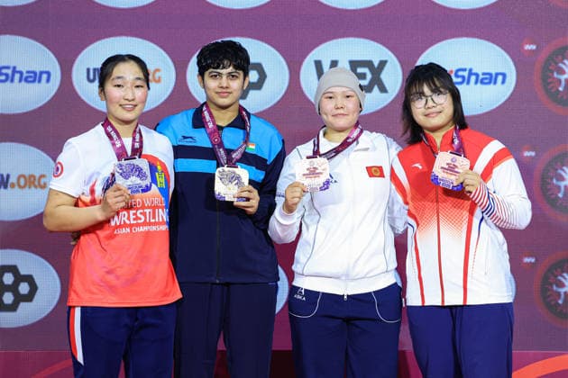U17 Wrestling Asian Championships Podium 73kg WW Gold Garima Garima IND , Silver Namuuntsetseg Batbold MGL , Bronze Salkynai Sabatbekova KGZ , Min Zhao CHN Copyright: xAmirrezaxAliasgarix xUnitedxWorlx Kadir Caliskan United World Wr
