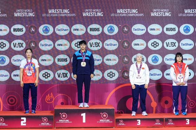 U17 Wrestling Asian Championships Podium 73kg WW Gold Garima Garima IND , Silver Namuuntsetseg Batbold MGL , Bronze Salkynai Sabatbekova KGZ , Min Zhao CHN Copyright: xAmirrezaxAliasgarix xUnitedxWorlx Kadir Caliskan United World Wr