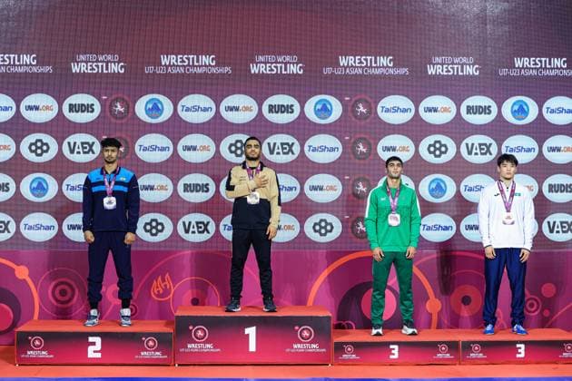 U17 Wrestling Asian Championships Podium 80kg FS Gold Amirali Mohammad Ferasati IRI , Silver Mandeep Mandeep IND , Bronze Adilbek Yerbolatov KAZ , Shaapbas Esgerov TKM Copyright: xAmirrezaxAliasgarix xUnitedxWorlx Kadir Caliskan United World Wr