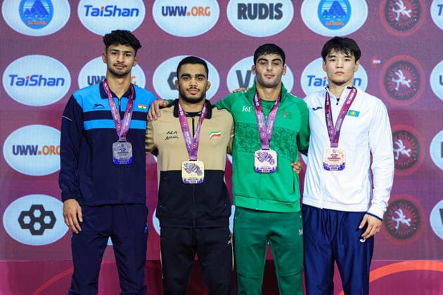 U17 Wrestling Asian Championships Podium 80kg FS Gold Amirali Mohammad Ferasati IRI , Silver Mandeep Mandeep IND , Bronze Adilbek Yerbolatov KAZ , Shaapbas Esgerov TKM Copyright: xAmirrezaxAliasgarix xUnitedxWorlx Kadir Caliskan United World Wr