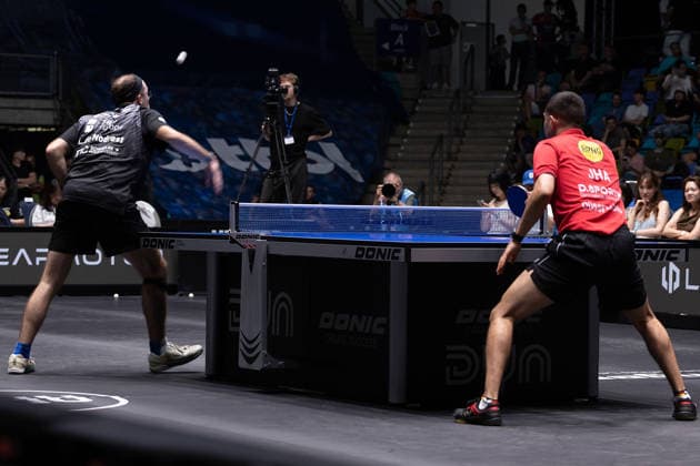 Leo de Nodrest FRA, TTC Schwalbe Bergneustadt , Kanak Jha GER,USA Borussia Duesseldorf in action during the semifinal matches Borussia Düsseldorf TTC Schwalbe of the Liebherr TTBL Final4 at the Süwag Energie ARENA on May 30, 2026, in Frankfurt, Germany Copyright: JoaquimxFerreira