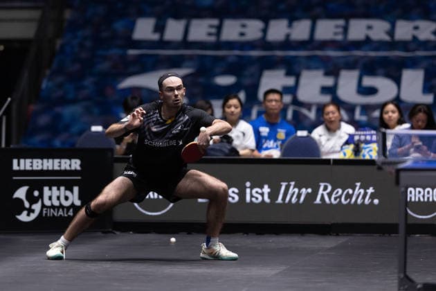Leo de Nodrest FRA, TTC Schwalbe Bergneustadt in action during the semifinal matches Borussia Düsseldorf TTC Schwalbe of the Liebherr TTBL Final4 at the Süwag Energie ARENA on May 30, 2026, in Frankfurt, Germany Copyright: JoaquimxFerreira