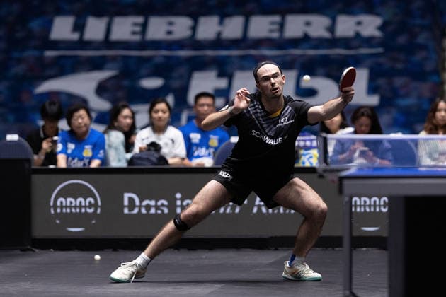 Leo de Nodrest FRA, TTC Schwalbe Bergneustadt in action during the semifinal matches Borussia Düsseldorf TTC Schwalbe of the Liebherr TTBL Final4 at the Süwag Energie ARENA on May 30, 2026, in Frankfurt, Germany Copyright: JoaquimxFerreira