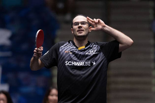 Leo de Nodrest FRA, TTC Schwalbe Bergneustadt celebrates his victory over Kanak Jha GER,USA Borussia Duesseldorf during the semifinal matches Borussia Düsseldorf TTC Schwalbe of the Liebherr TTBL Final4 at the Süwag Energie ARENA on May 30, 2026, in Frankfurt, Germany Copyright: JoaquimxFerreira