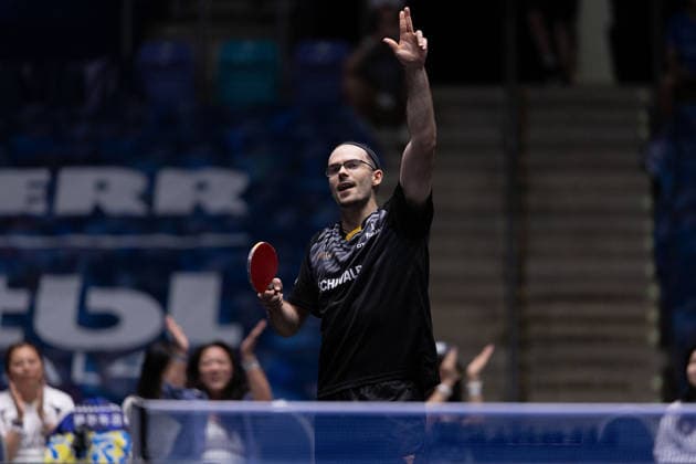 Leo de Nodrest FRA, TTC Schwalbe Bergneustadt celebrates his victory over Kanak Jha GER,USA Borussia Duesseldorf during the semifinal matches Borussia Düsseldorf TTC Schwalbe of the Liebherr TTBL Final4 at the Süwag Energie ARENA on May 30, 2026, in Frankfurt, Germany Copyright: JoaquimxFerreira