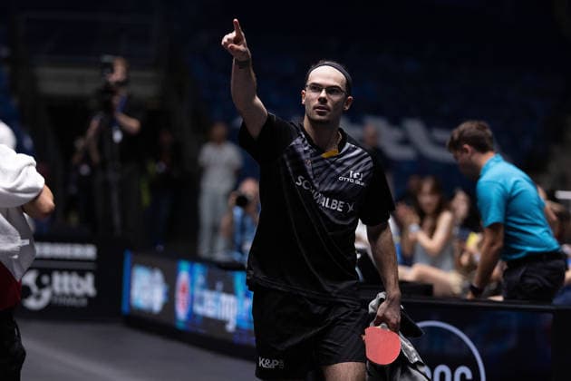 Leo de Nodrest FRA, TTC Schwalbe Bergneustadt celebrates his victory over Kanak Jha GER,USA Borussia Duesseldorf during the semifinal matches Borussia Düsseldorf TTC Schwalbe of the Liebherr TTBL Final4 at the Süwag Energie ARENA on May 30, 2026, in Frankfurt, Germany Copyright: JoaquimxFerreira