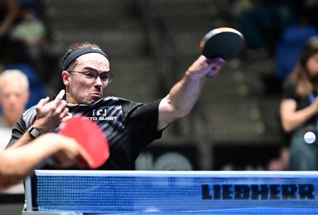 Leo de Nodrest in the semi-finals of the TTBL Final Four in Frankfurt The French national player Leo de Nodrest from TTC Schwalbe Bergneustadt successfully in action against Borussia Dusseldorf in the semi-finals of the TTBL Final Four in Frankfurt am Main in the Süwag Energie Arena on May 30, 2026 Frankfurt am Main Hessen Germany