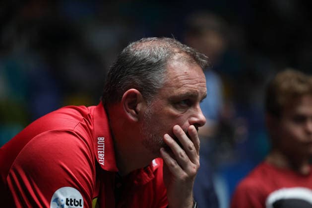 Coach Danny Heister NED, Borussia Duesseldorf dissapointeds during the semifinal matches Borussia Düsseldorf TTC Schwalbe of the Liebherr TTBL Final4 at the Süwag Energie ARENA on May 30, 2026, in Frankfurt, Germany Copyright: JoaquimxFerreira