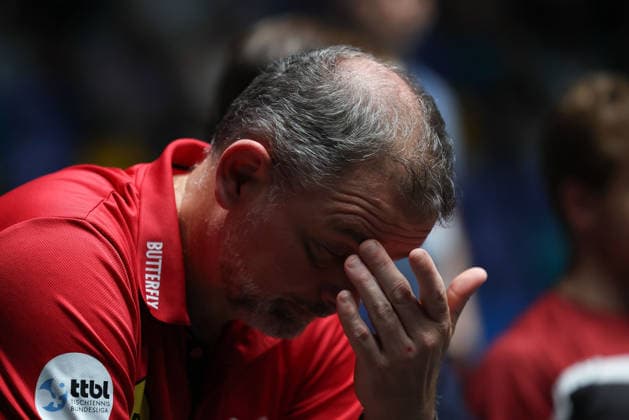 Coach Danny Heister NED, Borussia Duesseldorf dissapointeds during the semifinal matches Borussia Düsseldorf TTC Schwalbe of the Liebherr TTBL Final4 at the Süwag Energie ARENA on May 30, 2026, in Frankfurt, Germany Copyright: JoaquimxFerreira