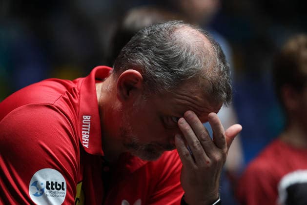 Coach Danny Heister NED, Borussia Duesseldorf dissapointeds during the semifinal matches Borussia Düsseldorf TTC Schwalbe of the Liebherr TTBL Final4 at the Süwag Energie ARENA on May 30, 2026, in Frankfurt, Germany Copyright: JoaquimxFerreira