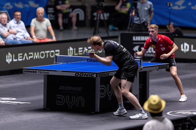 Benedikt Duda GER, TTC Schwalbe Bergneustadt and Anton Kaellberg SWE, Borussia Duesseldorf during the semifinal matches Borussia Düsseldorf TTC Schwalbe of the Liebherr TTBL Final4 at the Süwag Energie ARENA on May 30, 2026, in Frankfurt, Germany Copyright: JoaquimxFerreira