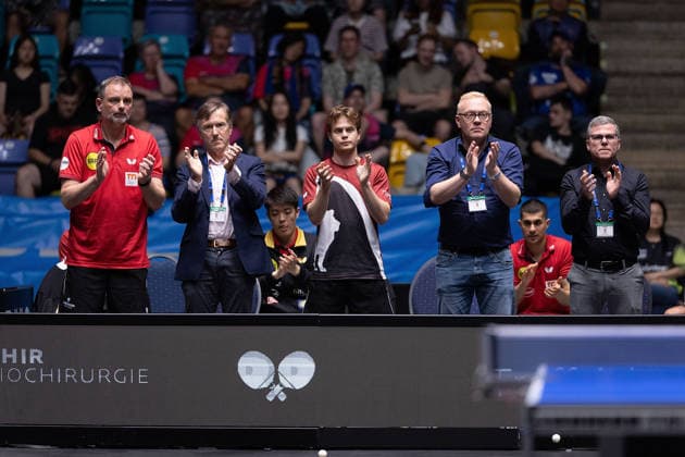 Trainer Danny Heister NED, Borussia Duesseldorf and Team during the semifinal matches Borussia Düsseldorf TTC Schwalbe of the Liebherr TTBL Final4 at the Süwag Energie ARENA on May 30, 2026, in Frankfurt, Germany Copyright: JoaquimxFerreira