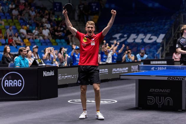 Anton Kaellberg SWE, Borussia Duesseldorf celebrates his victory over Benedikt Duda GER, TTC Schwalbe Bergneustadt during the semifinal matches Borussia Düsseldorf TTC Schwalbe of the Liebherr TTBL Final4 at the Süwag Energie ARENA on May 30, 2026, in Frankfurt, Germany Copyright: JoaquimxFerreira