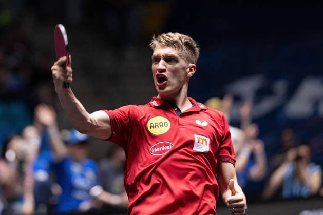 Anton Kaellberg SWE, Borussia Duesseldorf celebrates his victory over Benedikt Duda GER, TTC Schwalbe Bergneustadt during the semifinal matches Borussia Düsseldorf TTC Schwalbe of the Liebherr TTBL Final4 at the Süwag Energie ARENA on May 30, 2026, in Frankfurt, Germany Copyright: JoaquimxFerreira