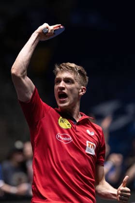 Anton Kaellberg SWE, Borussia Duesseldorf celebrates his victory over Benedikt Duda GER, TTC Schwalbe Bergneustadt during the semifinal matches Borussia Düsseldorf TTC Schwalbe of the Liebherr TTBL Final4 at the Süwag Energie ARENA on May 30, 2026, in Frankfurt, Germany Copyright: JoaquimxFerreira