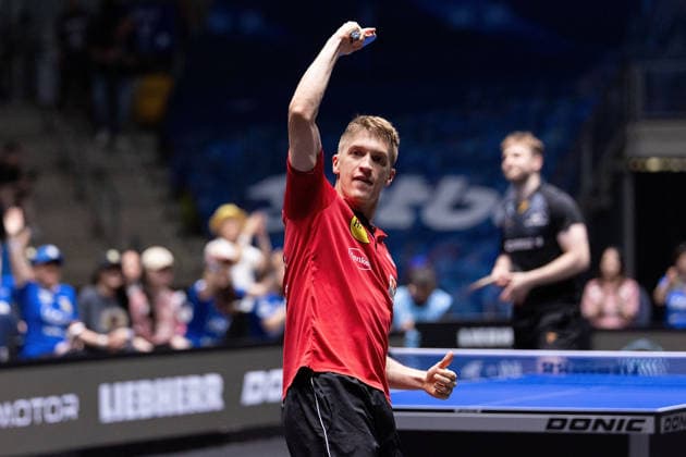 Anton Kaellberg SWE, Borussia Duesseldorf celebrates his victory over Benedikt Duda GER, TTC Schwalbe Bergneustadt during the semifinal matches Borussia Düsseldorf TTC Schwalbe of the Liebherr TTBL Final4 at the Süwag Energie ARENA on May 30, 2026, in Frankfurt, Germany Copyright: JoaquimxFerreira
