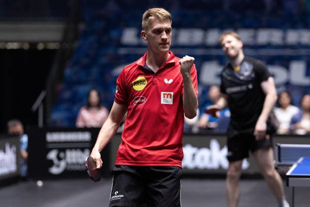 Anton Kaellberg SWE, Borussia Duesseldorf celebrate, Benedikt Duda GER, TTC Schwalbe Bergneustadt dissapointed during the semifinal matches Borussia Düsseldorf TTC Schwalbe of the Liebherr TTBL Final4 at the Süwag Energie ARENA on May 30, 2026, in Frankfurt, Germany Copyright: JoaquimxFerreira