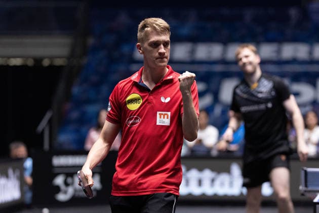 Anton Kaellberg SWE, Borussia Duesseldorf celebrate, Benedikt Duda GER, TTC Schwalbe Bergneustadt dissapointed during the semifinal matches Borussia Düsseldorf TTC Schwalbe of the Liebherr TTBL Final4 at the Süwag Energie ARENA on May 30, 2026, in Frankfurt, Germany Copyright: JoaquimxFerreira