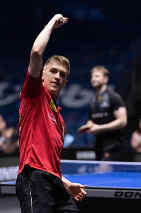 Anton Kaellberg SWE, Borussia Duesseldorf celebrates his victory over Benedikt Duda GER, TTC Schwalbe Bergneustadt during the semifinal matches Borussia Düsseldorf TTC Schwalbe of the Liebherr TTBL Final4 at the Süwag Energie ARENA on May 30, 2026, in Frankfurt, Germany Copyright: JoaquimxFerreira