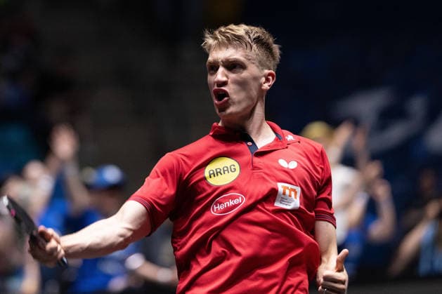 Anton Kaellberg SWE, Borussia Duesseldorf celebrates his victory over Benedikt Duda GER, TTC Schwalbe Bergneustadt during the semifinal matches Borussia Düsseldorf TTC Schwalbe of the Liebherr TTBL Final4 at the Süwag Energie ARENA on May 30, 2026, in Frankfurt, Germany Copyright: JoaquimxFerreira