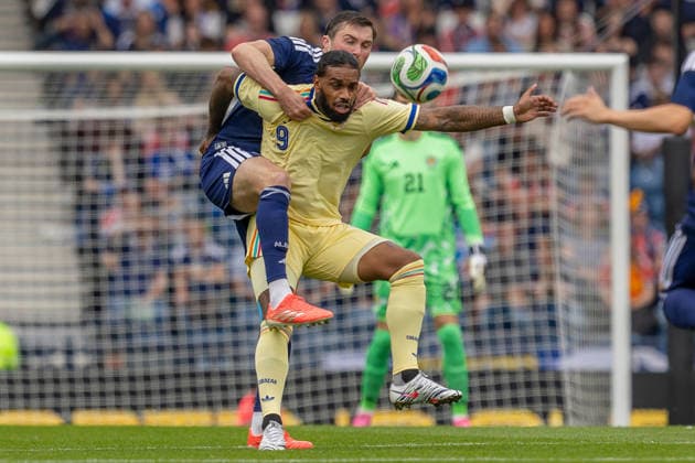 Scotland v Curacao, Friendly International Challenge Jürgen Locadia of Curacao holds off John Souttar of Scotland national team, Nationalteam during the International Challenge Match - Scotland vs Curacao, Barclays Hampden, Glasgow. 30 May 2026 Hampden Park Barclays Hampden Glasgow Scotland Editorial use only , Copyright: xColinxPoultneyx PSI-24309-0024