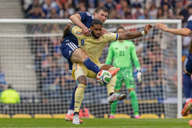 Scotland v Curacao, Friendly International Challenge Jürgen Locadia of Curacao holds off John Souttar of Scotland national team, Nationalteam during the International Challenge Match - Scotland vs Curacao, Barclays Hampden, Glasgow. 30 May 2026 Hampden Park Barclays Hampden Glasgow Scotland Editorial use only , Copyright: xColinxPoultneyx PSI-24309-0025