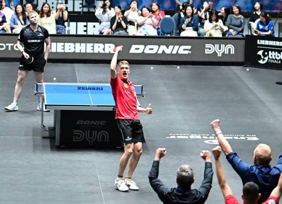 Anton Kallberg in the semi-finals of the TTBL Final Four in Frankfurt The Swede Anton Kallberg from Borussia Düsseldorf successfully in action against Benedikt Duda from TTC Schwalbe Bergneustadt in the semi-finals of the TTBL Final Four in Frankfurt am Main in the Süwag Energie Arena on May 30, 2026 Kallberg equalizes to 2 2 from Frankfurt am Main Hessen Germany