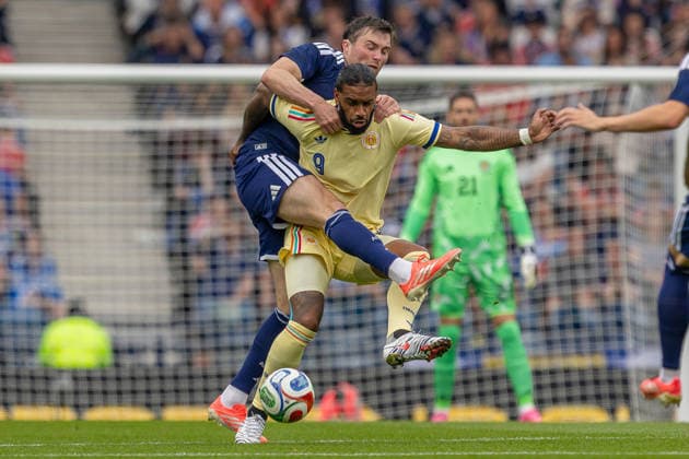 Scotland v Curacao, Friendly International Challenge Jürgen Locadia of Curacao holds off John Souttar of Scotland national team, Nationalteam during the International Challenge Match - Scotland vs Curacao, Barclays Hampden, Glasgow. 30 May 2026 Hampden Park Barclays Hampden Glasgow Scotland Editorial use only , Copyright: xColinxPoultneyx PSI-24309-0026