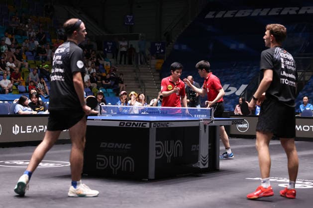 Adrien Rassenfosse BEL, TTC Schwalbe Bergneustadt , Leo de Nodrest FRA, TTC Schwalbe Bergneustadt , Yongyin Li CHN,Borussia Duesseldorf and Dang Qiu GER, Borussia Duesseldorf during the semifinal matches Borussia Düsseldorf TTC Schwalbe of the Liebherr TTBL Final4 at the Süwag Energie ARENA on May 30, 2026, in Frankfurt, Germany Copyright: JoaquimxFerreira