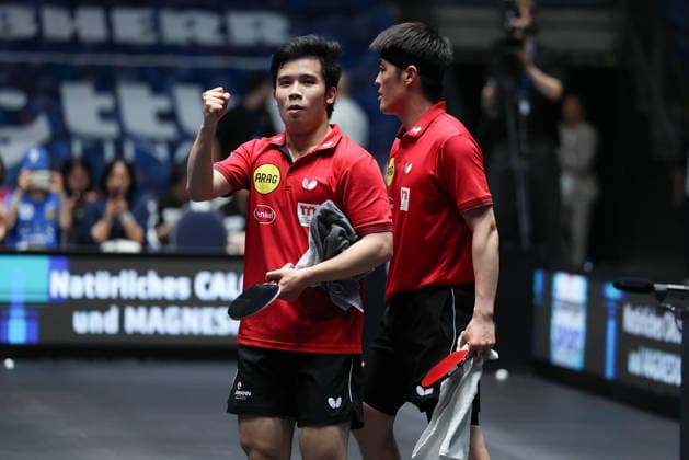 Yongyin Li CHN,Borussia Duesseldorf and Dang Qiu GER, Borussia Duesseldorf celebrates the victory during the semifinal matches Borussia Düsseldorf TTC Schwalbe of the Liebherr TTBL Final4 at the Süwag Energie ARENA on May 30, 2026, in Frankfurt, Germany Copyright: JoaquimxFerreira
