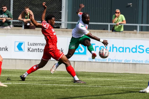 Football Switzerland Promotion League 2025 2026 Last matchday, 30 05 2026 SC Kriens vs FC Bavois Kleinfeld Kriens, Switzerland Daoud TourÃ shoots the ball towards goal, but unfortunately misses Kriens Stadium Kleinfeld Lucerne Switzerland Copyright: xAmiirxAmedjouax
