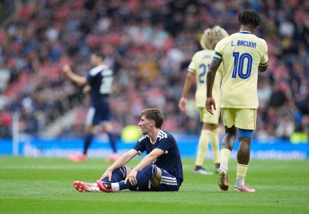 Billy Gilmour of Scotland injured on the pitch with suspected right knee injury before being substituted for Findlay Curtis of Scotland. Scotland v Curacao, International Friendly, Länderspiel, Nationalmannschaft Football, Hampden Park, Glasgow, Scotland, UK - 30 May 2026Glasgow Hampden Park United Kingdom EDITORIAL USE ONLY No use with unauthorised audio, video, data, fixture lists, club league logos or live services. Online in-match use limited to 120 images, no video emulation. No use in betting, games or single club league player publications.  Copyright: xStuartxWallace Shutterstockx 16898283am