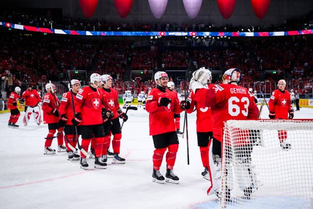 260530 Damien Riat and Leonardo Genoni of Switzerland celebrates after the 2026 IIHF Ice Hockey World Championship semifinal match between Switzerland and Norway on May 30, 2026 in Zürich Photo Jesper Zerman BILDBYRAN kod JZ JZ0737 ishockey ice hockey ishockey vm 2026 vm 2026 iihf world championship semifinal semifinals switzerland schweiz norge norway bbeng  Copyright: JESPERxZERMAN BB260530JZ067