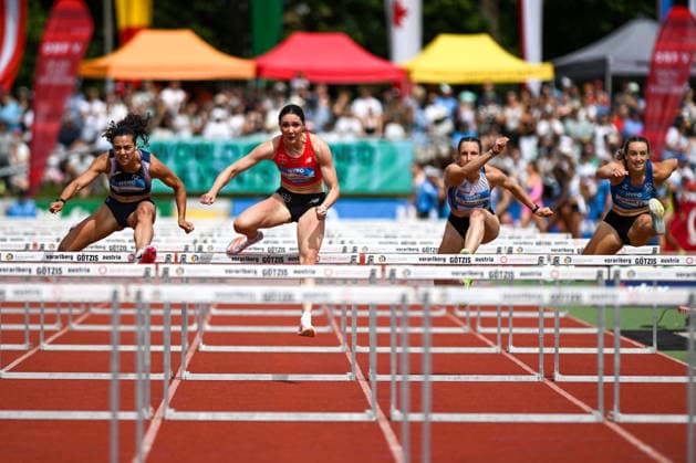 ATHLETICS - Hypomeeting Goetzis 2026 GOETZIS,AUSTRIA,30.MAY.26 - ATHLETICS - World Athletics Combined Events Tour, Hypomeeting, heptathlon, 100m hurdles. Image shows Mariana Bento (POR), Sophie Weissenberg (GER), Ysee Le Philippe (FRA) and Chiara-Belinda Schuler (AUT).  GEPAxpictures xOliverxLerch