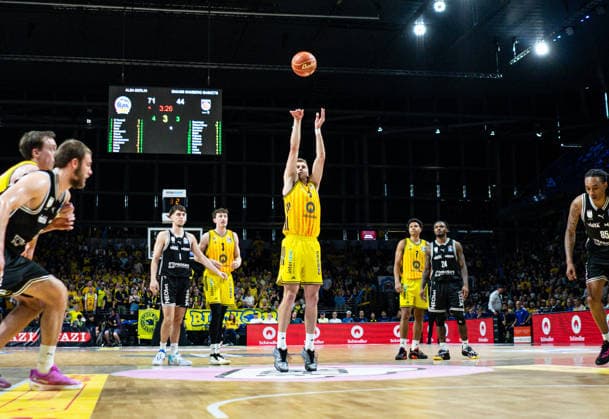 Sam Griesel Alba Berlin, 5 at the free throw line 30 05 2026, Alba Berlin vs Bamberg Baskets, Basketball, BBL, Max Schmeling Halle, Berlin DFL regulations prohibit any use of photographs as image sequences and or quasi video Copyright: HMBxMedia xFinnxWeidmann